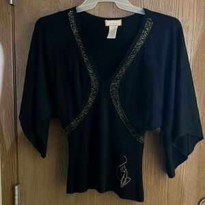 VTG Baby Phat Woman’s Dolman Sleeve Gold Stud Cat Deep V Sweater Black size L